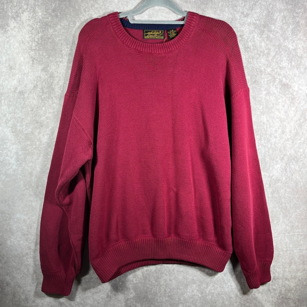 Vintage Eddie Bauer Sweater Mens L Red Knit Fisherman Heavyweight Crew Neck 90s